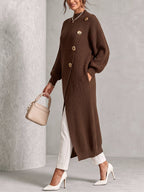 Solid Color Ribbed Knit Pockets Buttoned Loose Long Sleeves Mock Neck Sweater Pullovers