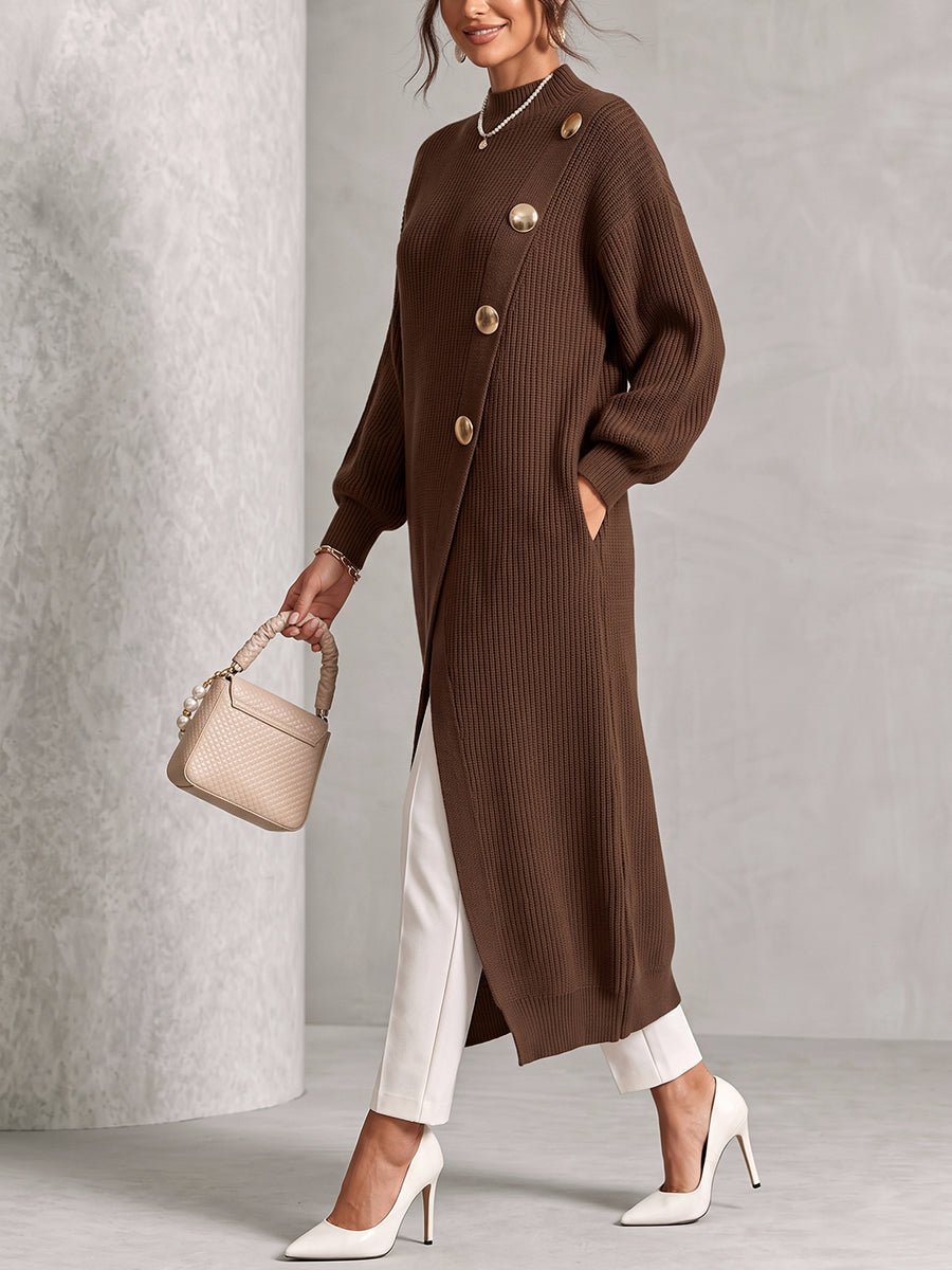Solid Color Ribbed Knit Pockets Buttoned Loose Long Sleeves Mock Neck Sweater Pullovers