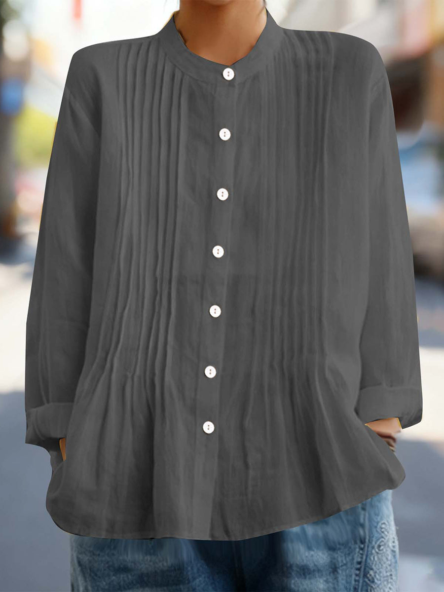 Long Sleeves Loose Buttoned Pleated Solid Color Round-Neck Blouses&Shirts Tops