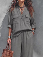 Pockets Plaid Contrast Color Buttoned Three-quarter Sleeves Loose V-neck Blouses&shirts Tops