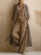 Long Sleeves Loose Buttoned Pockets Solid Color V-Neck Three Pieces Set