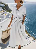 A-Line High Waisted Contrast Color Knot Line Pleated Pockets V-Neck Midi Dresses