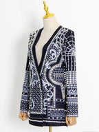 Long Sleeves Loose Beads Printed V-Neck Blazer Outerwear(Size is larger than normal.)