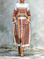 Striped Pockets Colorful Wide Leg Loose Cropped Trousers