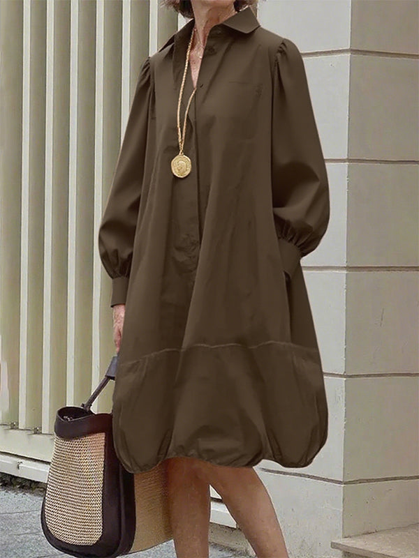 Long Sleeves Loose Buttoned Pleated Pockets Solid Color Lapel Midi Dresses