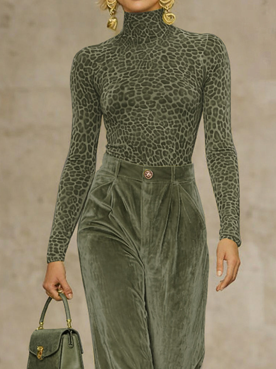 Long Sleeves Skinny Leopard High Neck T-Shirts Tops