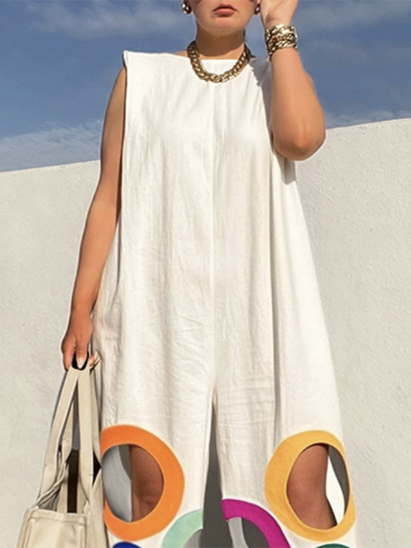 Loose Sleeveless Contrast Color Hollow Jumpsuits