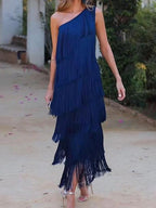 Loose Sleeveless Asymmetric Solid Color Split-Joint Tasseled One-Shoulder Maxi Dresses