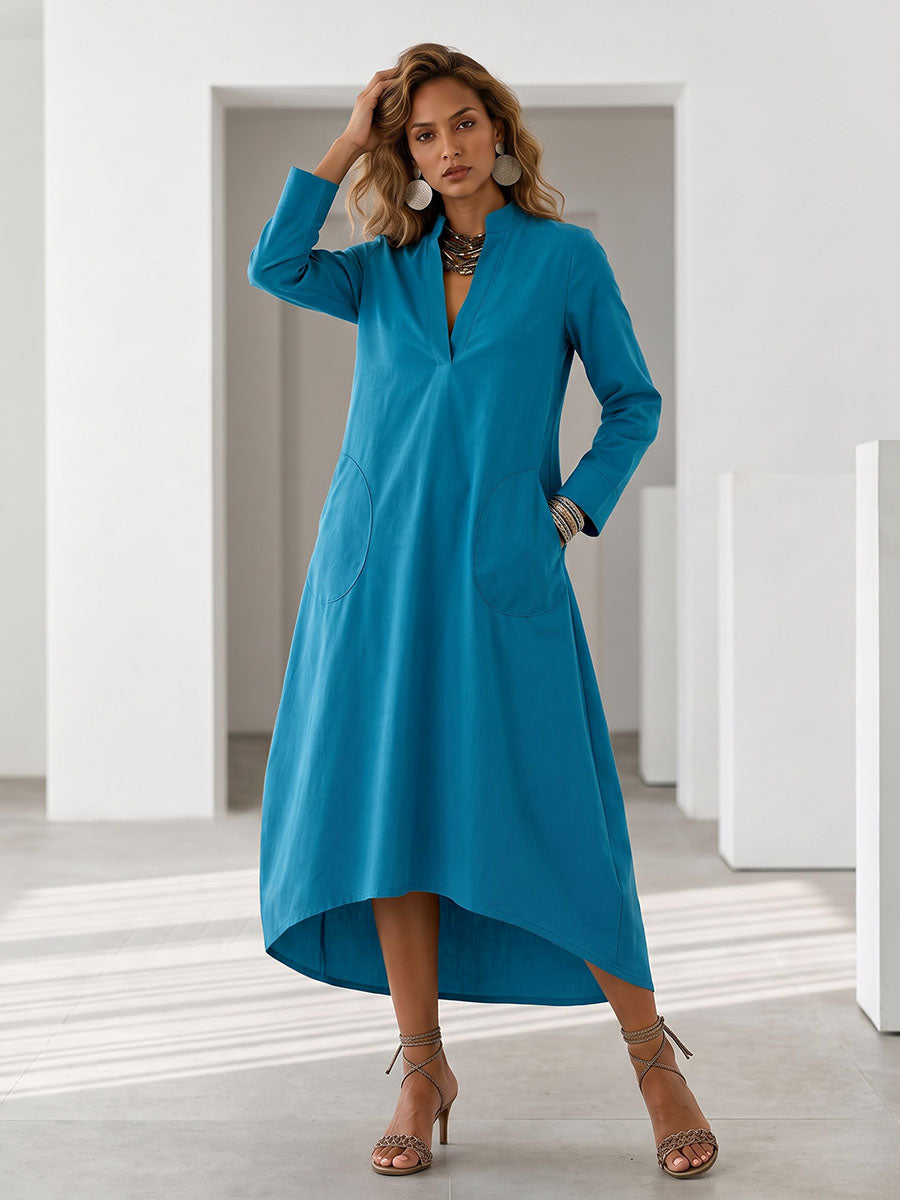 Solid Color Pockets Loose Long Sleeves V-neck Midi Dresses