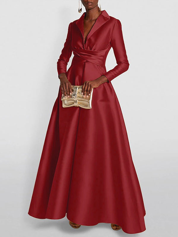 A-Line High Waisted Pleated Solid Color V-Neck Maxi Dresses
