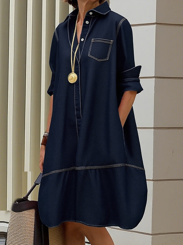 Long Sleeves Loose Buttoned Pockets Solid Color Lapel Midi Dresses