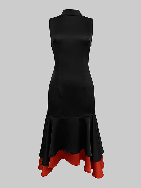 Loose Sleeveless Contrast Color Split-Joint Tiered High Neck Evening Dresses Midi Dresses