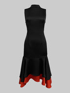 Loose Sleeveless Contrast Color Split-Joint Tiered High Neck Evening Dresses Midi Dresses