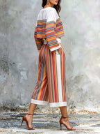 Striped Contrast Color Colorful Long Sleeves Flared Sleeves Round-neck Blouses&shirts Tops