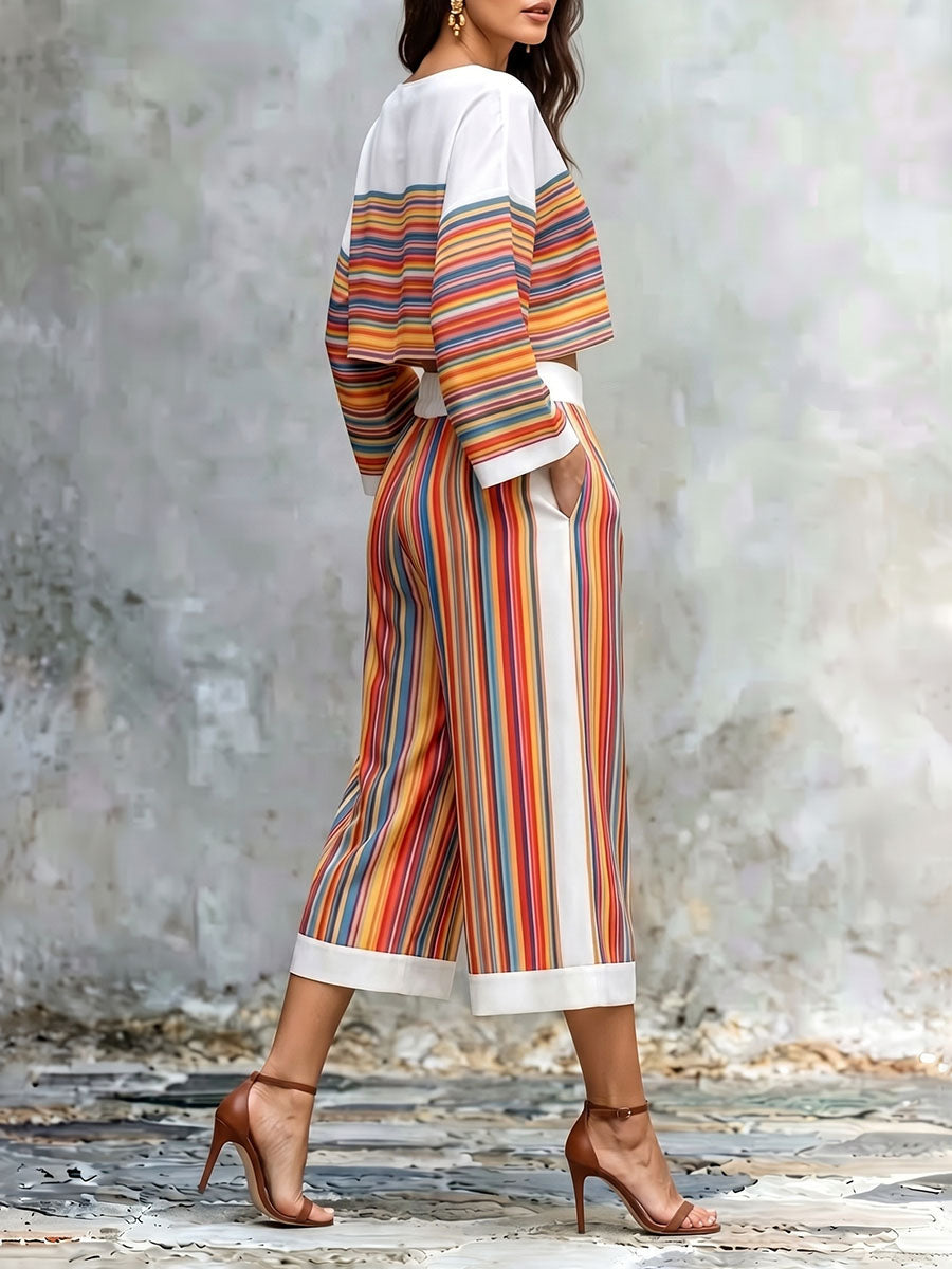 Striped Contrast Color Colorful Long Sleeves Flared Sleeves Round-neck Blouses&shirts Tops