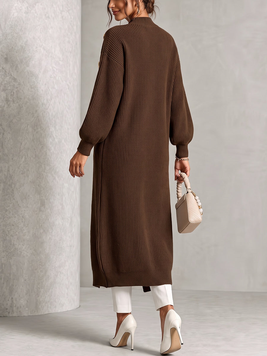 Solid Color Ribbed Knit Pockets Buttoned Loose Long Sleeves Mock Neck Sweater Pullovers