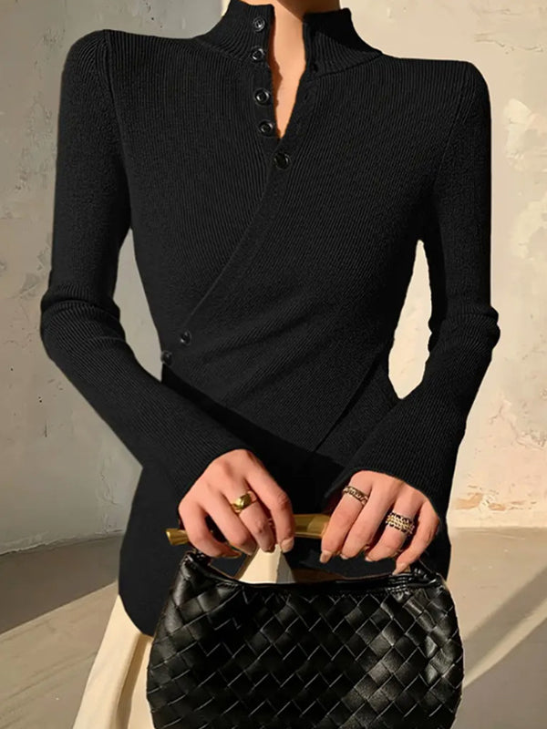Long Sleeves Asymmetric Split-front Split-Joint V-neck Sweater Tops