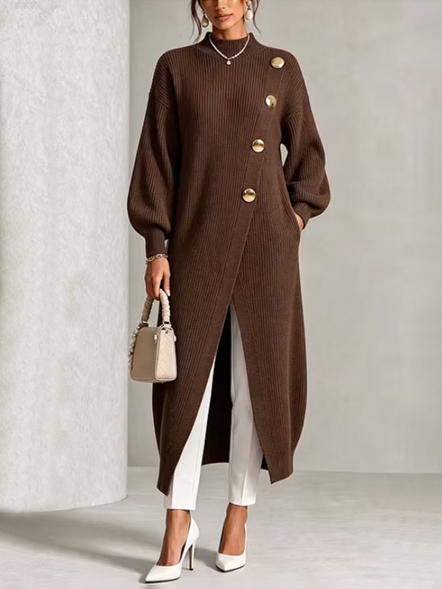 Solid Color Ribbed Knit Pockets Buttoned Loose Long Sleeves Mock Neck Sweater Pullovers