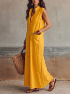 Loose Sleeveless Buttoned Pockets Solid Color Lapel Maxi Dresses