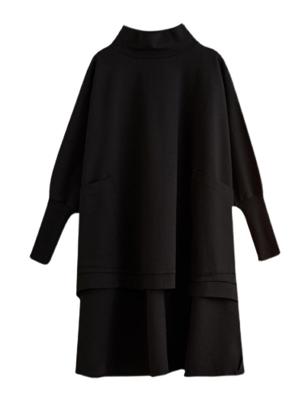 Urban Solid Color High-Neck High-Low Sweatshirt Top