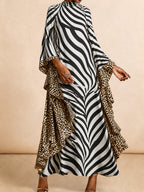 Zipper Zebra Printed Leopard Loose Batwing Sleeves Mock Neck Maxi Dresses