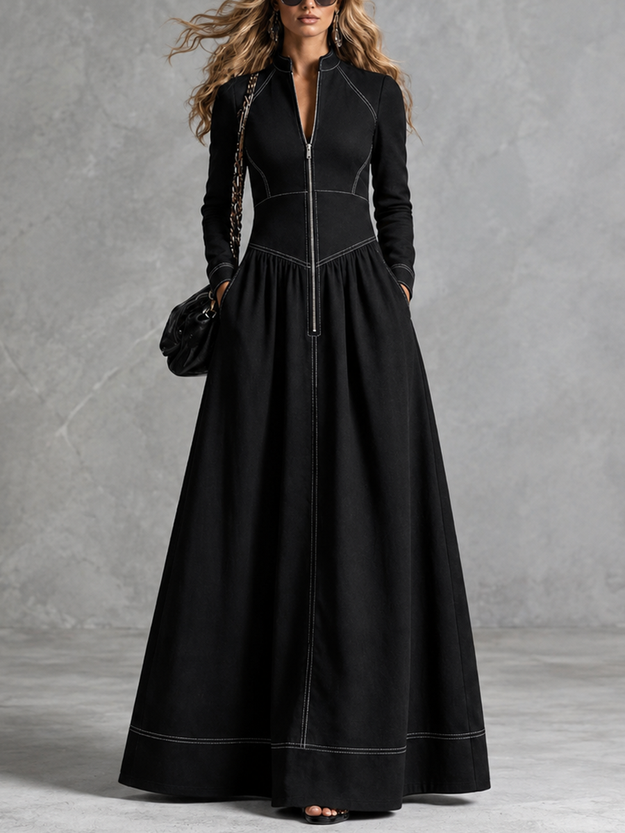 Zipper Split-Joint Pockets Pleated Contrast Color Long Sleeves High Waisted Mock Neck Maxi Dresses