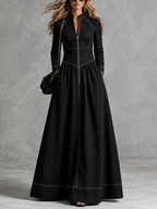 Zipper Split-Joint Pockets Pleated Contrast Color Long Sleeves High Waisted Mock Neck Maxi Dresses