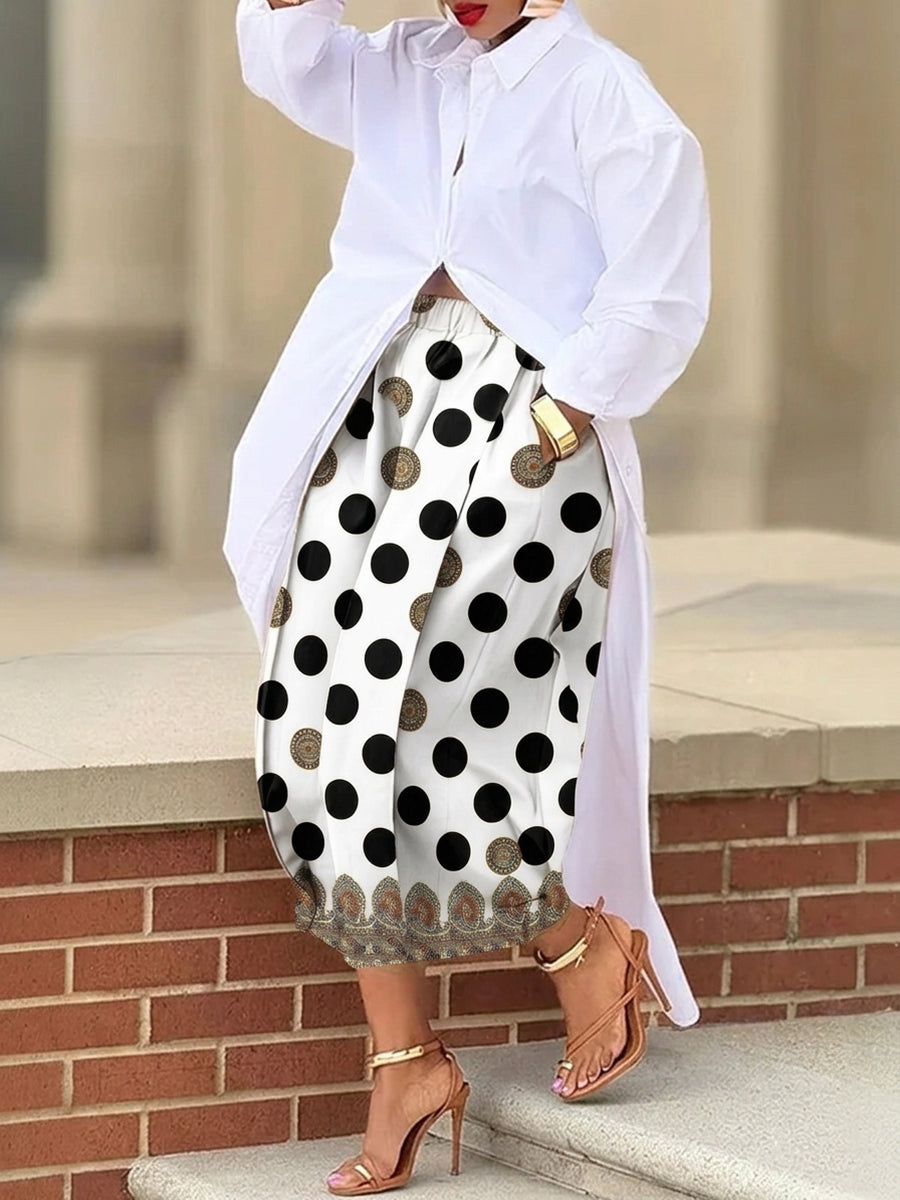 Printed Polka-Dot Pockets Elasticity Contrast Color Wide Leg High Waisted Ninth Pants
