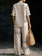 Striped Polka-Dot Short Sleeves Loose V-neck T-Shirts Tops