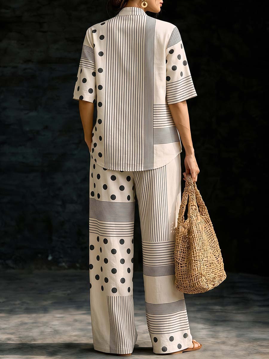 Striped Polka-Dot Pockets Wide Leg Loose Trousers Pants
