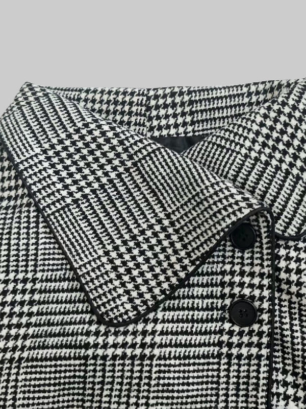Long Sleeves Loose Asymmetric Houndstooth Plaid Stand Collar Jackets Outerwear