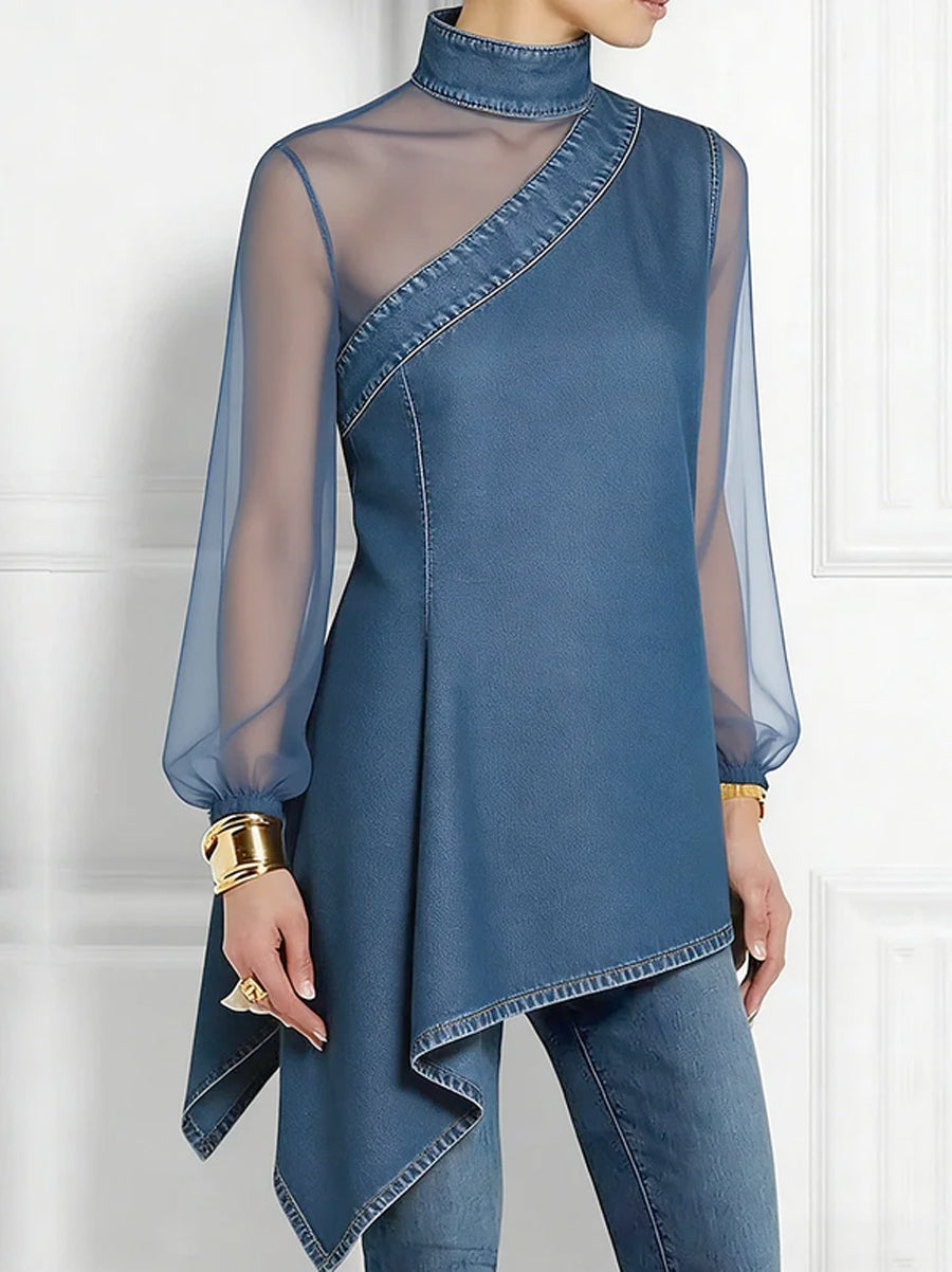 Long Sleeves Puff Sleeves Asymmetric Mesh Split-Joint Mock Neck Blouses&Shirts Tops