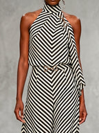 Sleeveless Contrast Color Draped Striped Halter-Neck Blouses&Shirts Tops