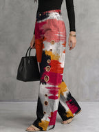 Loose Wide Leg Buttoned Contrast Color Hollow Printed Pants Trousers