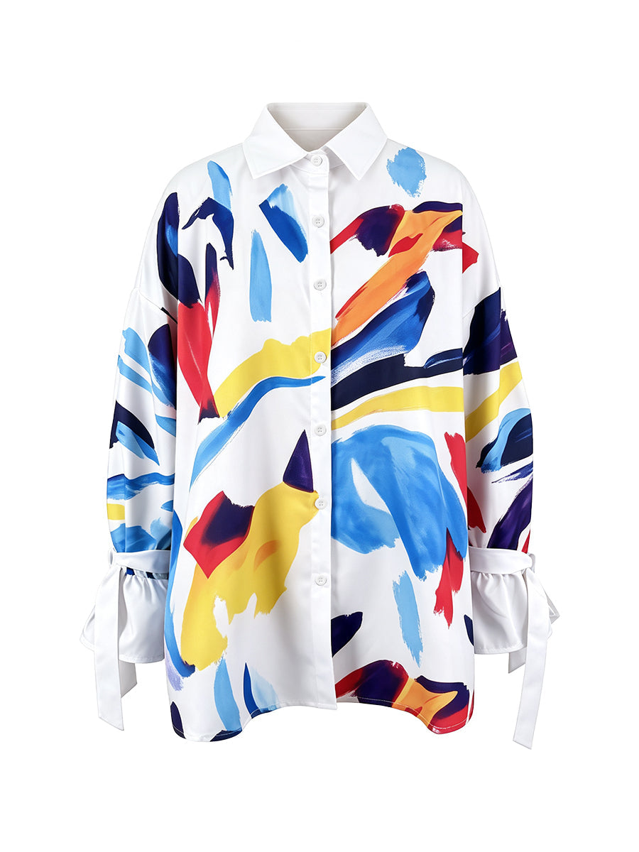 Long Sleeves Loose Buttoned Contrast Color Tied Lapel Blouses&Shirts Tops
