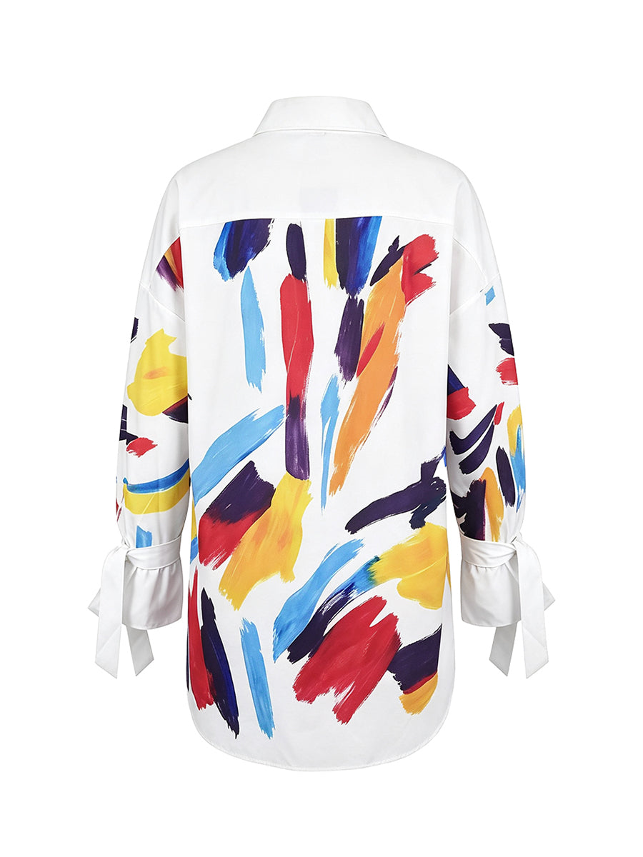 Long Sleeves Loose Buttoned Contrast Color Tied Lapel Blouses&Shirts Tops