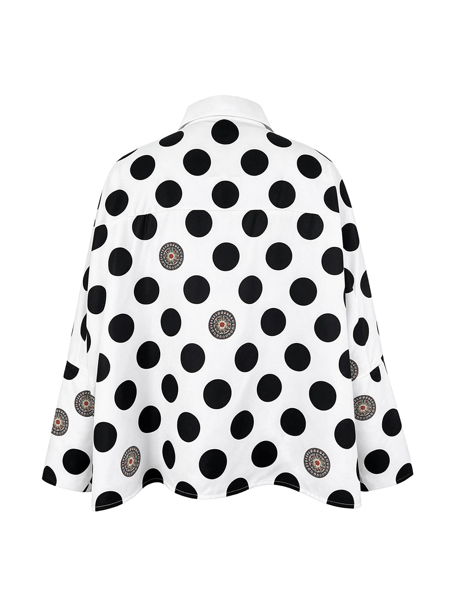 Long Sleeves Loose Buttoned Polka Dot Printed V-Neck Blouses&Shirts Tops