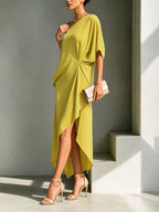 Solid Color Buttoned Backless Asymmetric Loose High-low One-shoulder Maxi Dresses