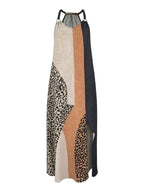 Loose Sleeveless Asymmetric Contrast Color Leopard Pockets Split-Joint Halter-Neck Maxi Dresses