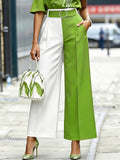 High Waisted Belted Contrast Color Pleated Pockets Pants Trousers
