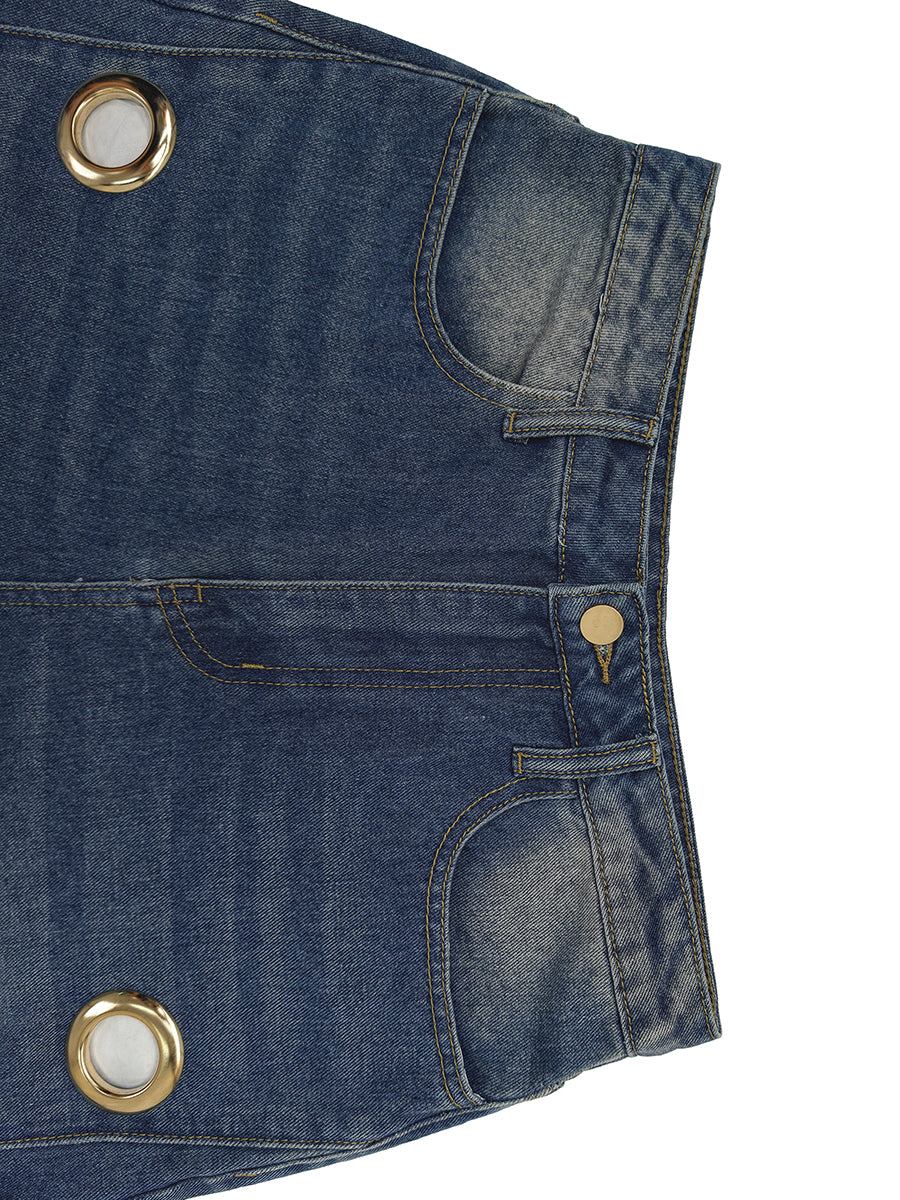 Split-Joint Pockets Hollow Geometric Buttoned Wide Leg Loose Jean Pants Bottoms