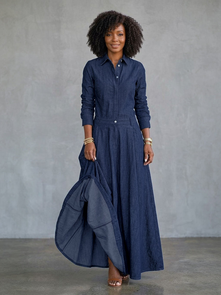 Split-Joint Solid Color Pockets Buttoned Long Sleeves High Waisted Lapel Maxi Dresses