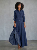 Split-Joint Solid Color Pockets Buttoned Long Sleeves High Waisted Lapel Maxi Dresses