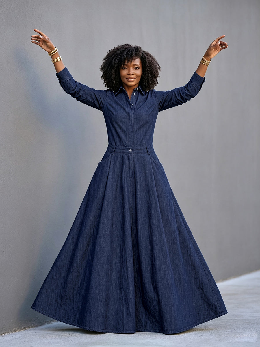 Split-Joint Solid Color Pockets Buttoned Long Sleeves High Waisted Lapel Maxi Dresses