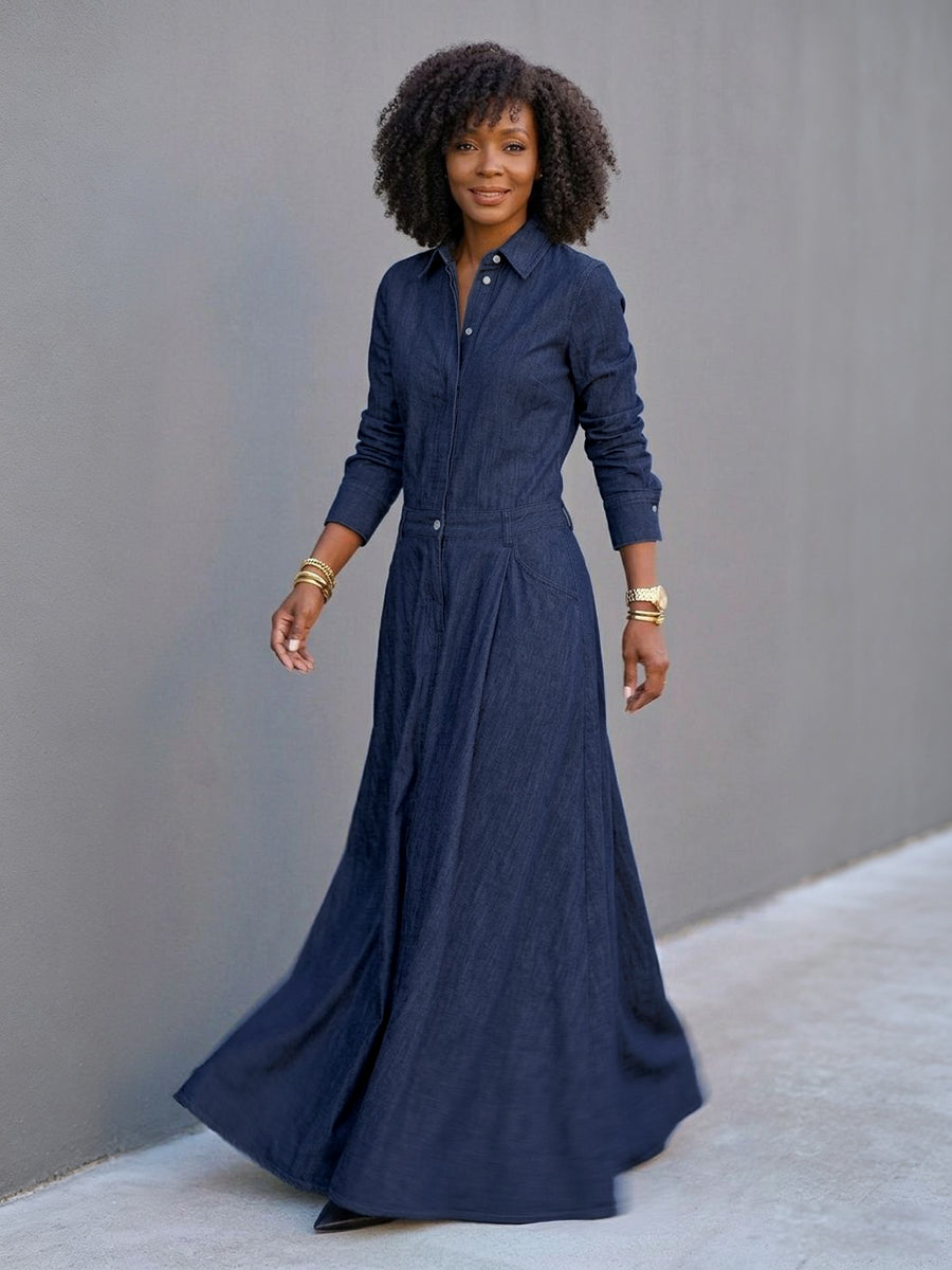 Split-Joint Solid Color Pockets Buttoned Long Sleeves High Waisted Lapel Maxi Dresses