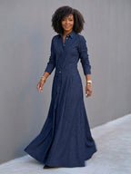 Split-Joint Solid Color Pockets Buttoned Long Sleeves High Waisted Lapel Maxi Dresses