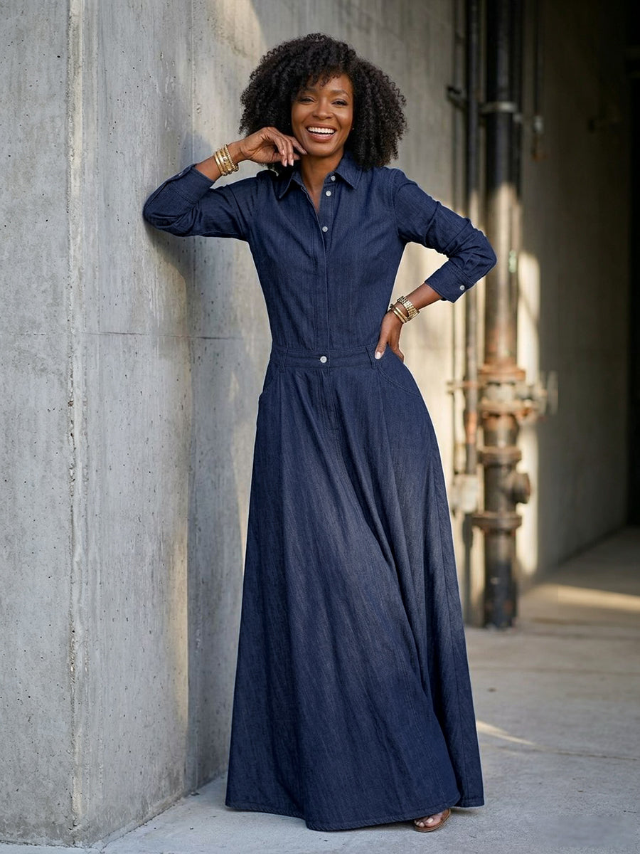 Split-Joint Solid Color Pockets Buttoned Long Sleeves High Waisted Lapel Maxi Dresses