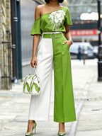High Waisted Belted Contrast Color Pleated Pockets Pants Trousers