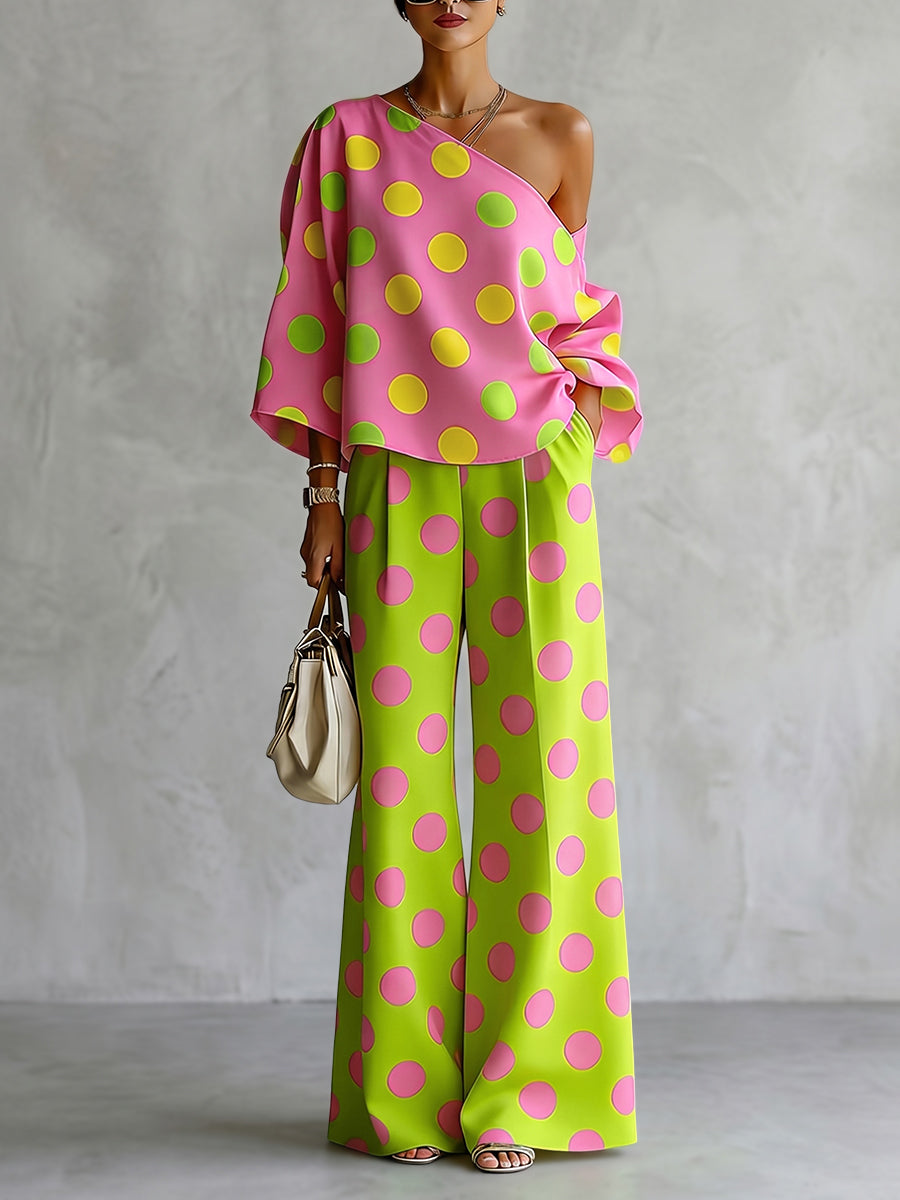 Loose Wide Leg Buttoned Pockets Polka-Dot Pants Trousers