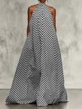 A-Line Loose Backless Contrast Color Elasticity Pockets Halter-Neck Maxi Dresses